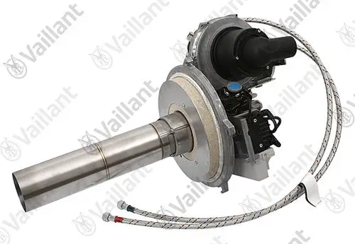 Vaillant Brenner mit Metallgehäuse, Rohrstruktur und elektrischen Anschlüssen. Sichtbare Leitungen und ein Ansaugstutzen. Ideal für Heizsysteme.